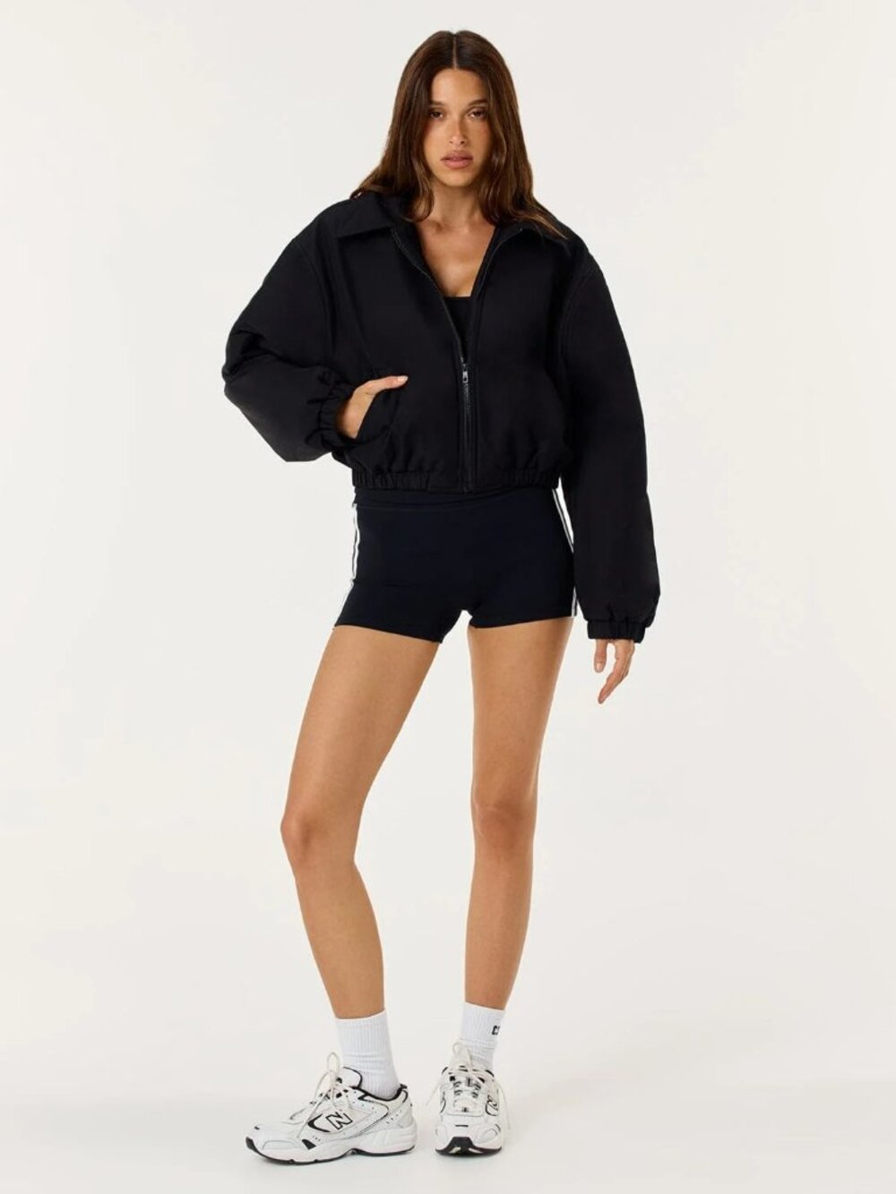 CSB Cropped Oversized Bomber Jacket in Black, Size Small